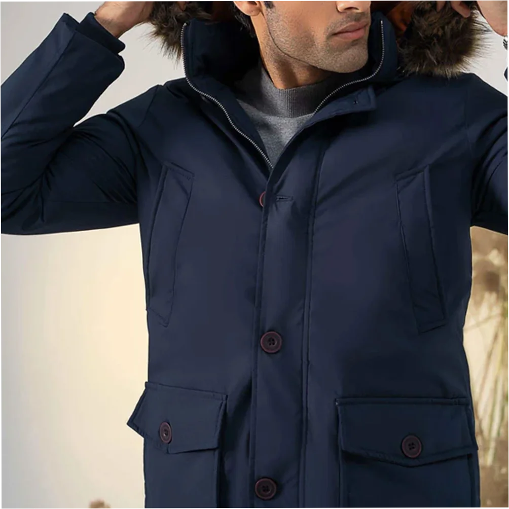 Men's Hooded Polyester Parka Jacket Windproof Winter Warm Long Sleeve - Image 6