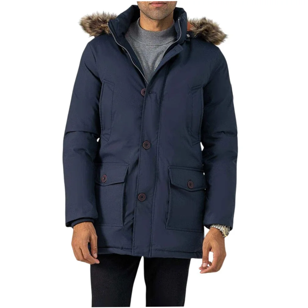 Men's Hooded Polyester Parka Jacket Windproof Winter Warm Long Sleeve - Image 4
