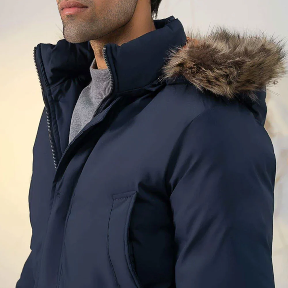 Men's Hooded Polyester Parka Jacket Windproof Winter Warm Long Sleeve