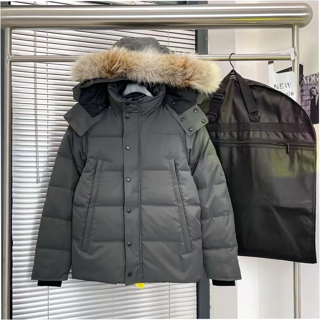 Men's Hooded Down Puffer Parka with Coyote Fur Trim Winter Jacket - Image 5