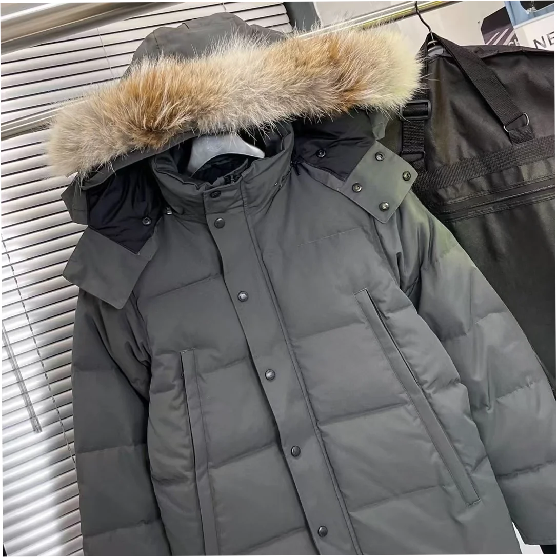 Men's Hooded Down Puffer Parka with Coyote Fur Trim Winter Jacket - Image 9