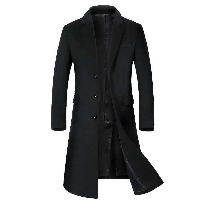Korean Style Long Woolen Trench Overcoat for Men Double Breasted