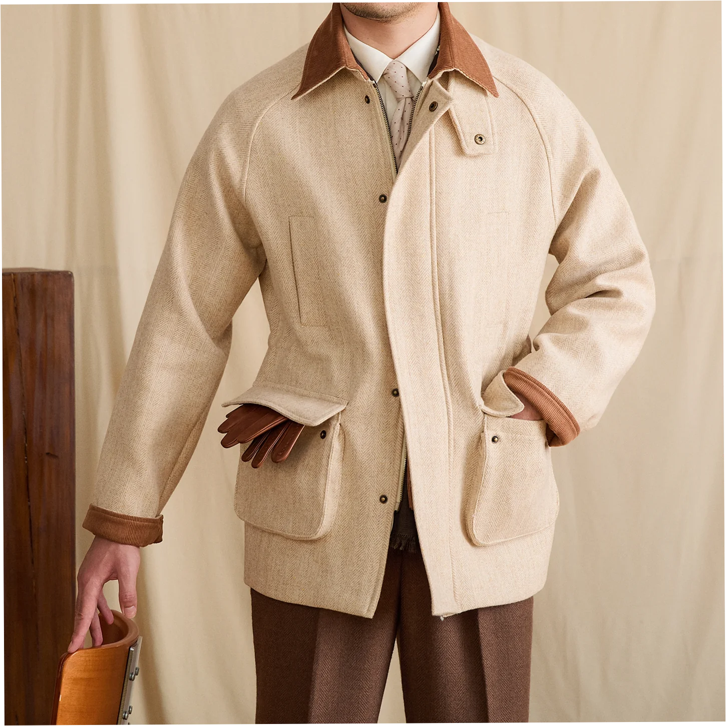 Men's Vintage 100% Wool Square Collar Winter Safari Coat with Zipper
