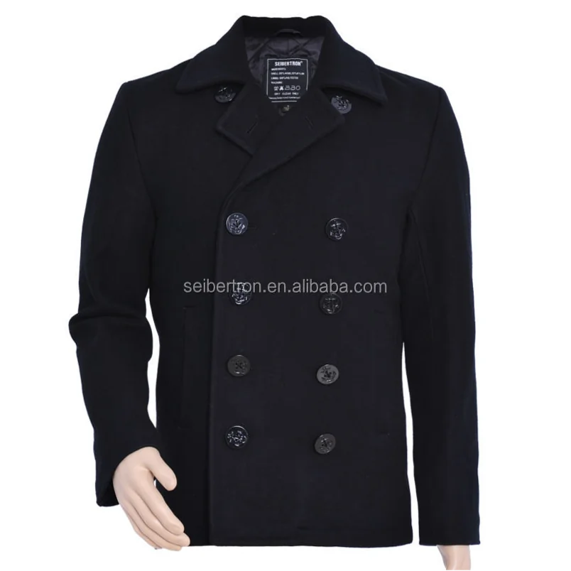 Men's Navy Wool Pea Coat Winter Jacket for Casual Outdoor Wear - Image 3