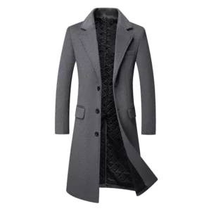 Men's Long Wool Blend Trench Coat with Shearling Fleece Winter Jacket
