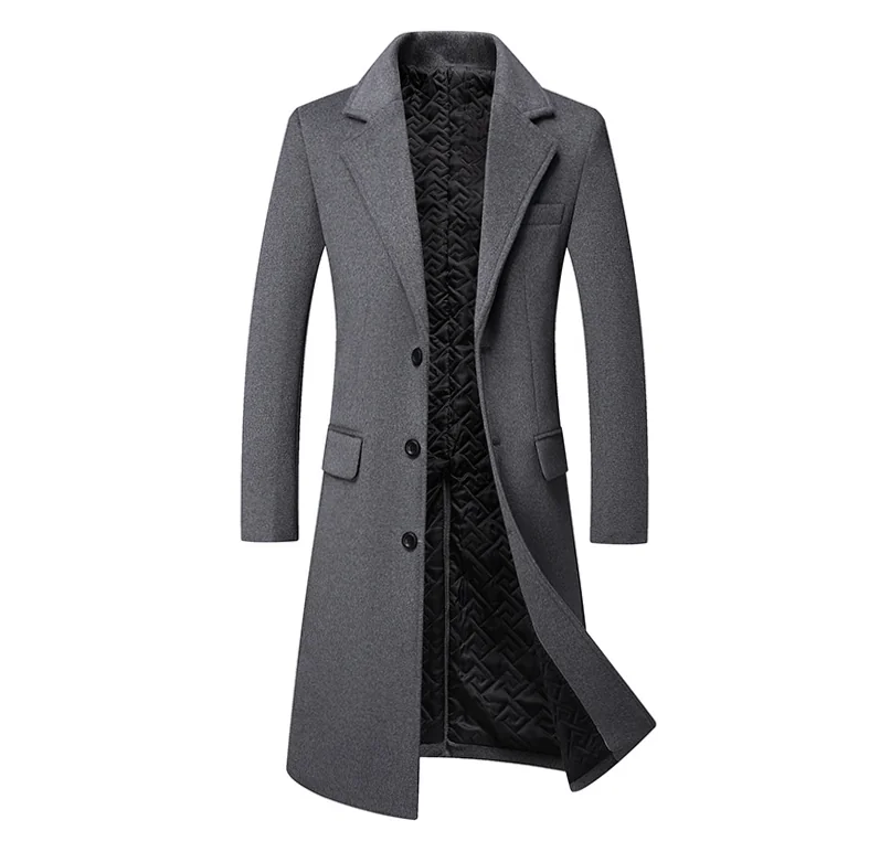 Men's Long Wool Blend Trench Coat with Shearling Fleece Winter Jacket
