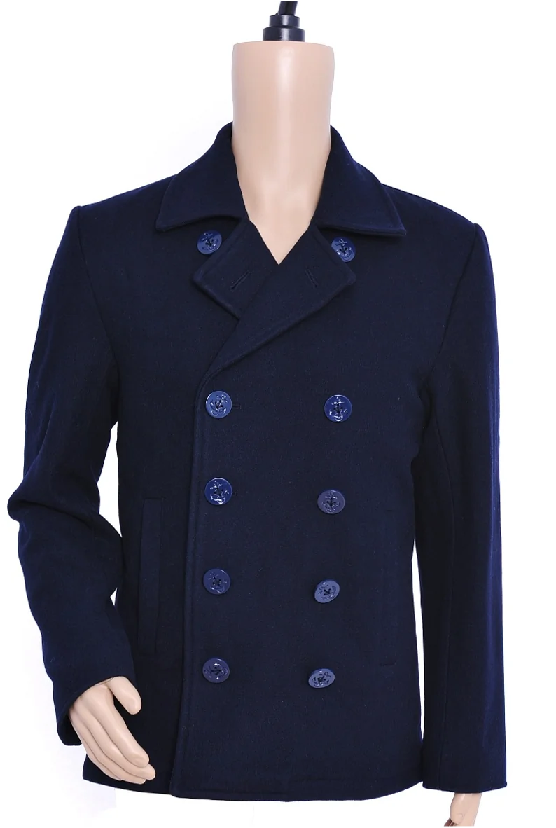 Men's Navy Wool Pea Coat Winter Jacket for Casual Outdoor Wear - Image 2