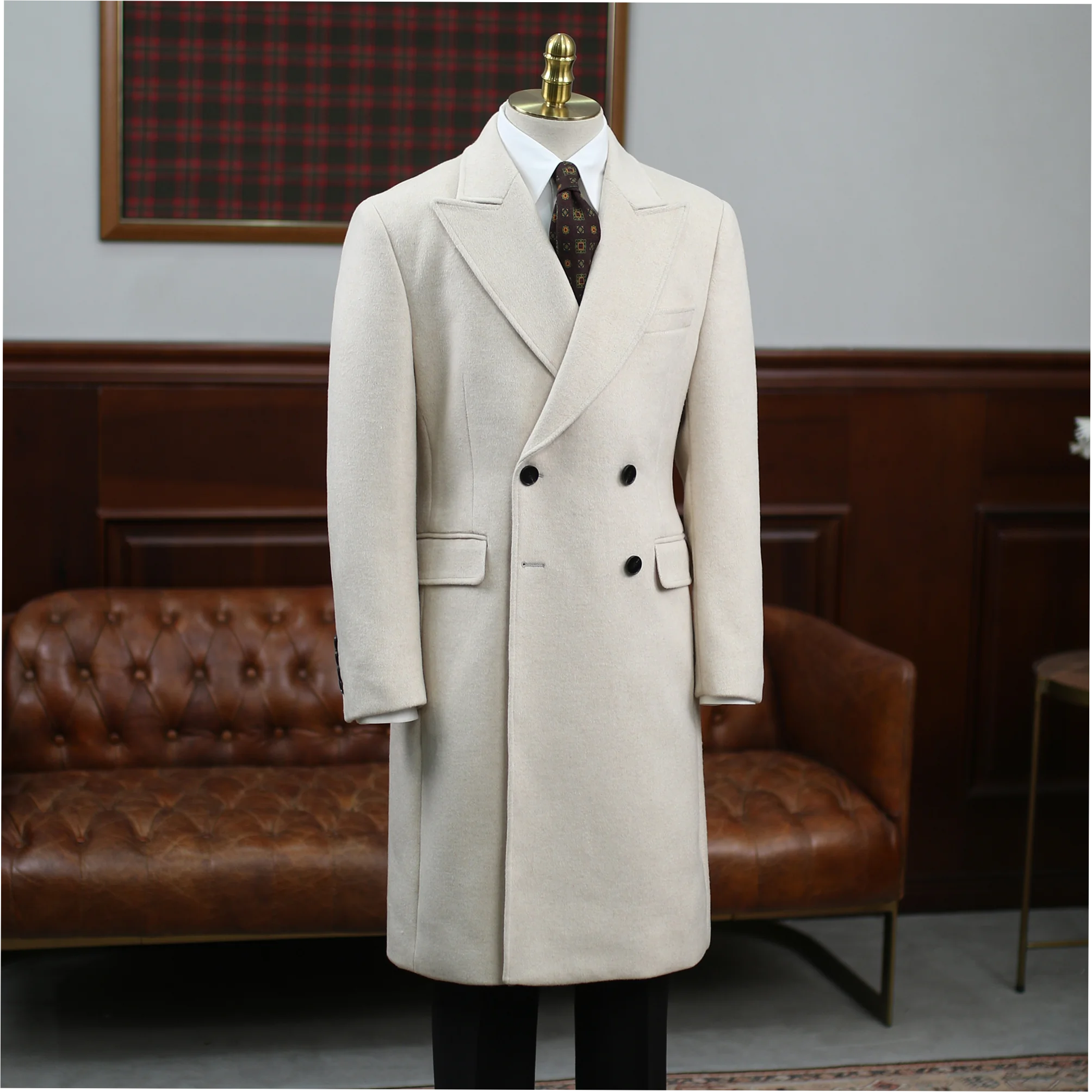 Men's Wool Cashmere Blend Double Breasted Peak Lapel Overcoat