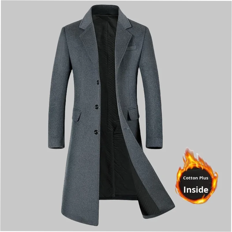 Men's Long Wool Blend Trench Coat with Shearling Fleece Winter Jacket - Image 3