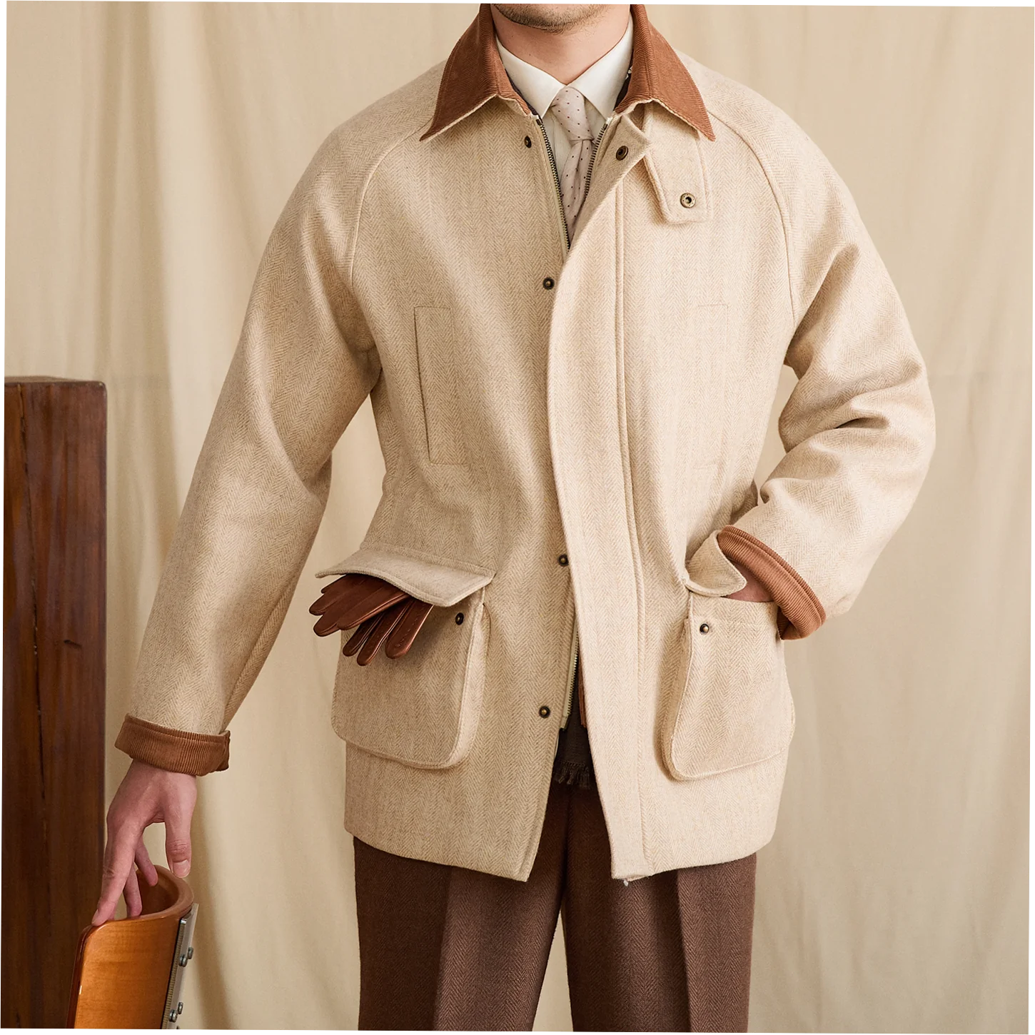 Men's Vintage 100% Wool Square Collar Winter Safari Coat with Zipper - Image 2