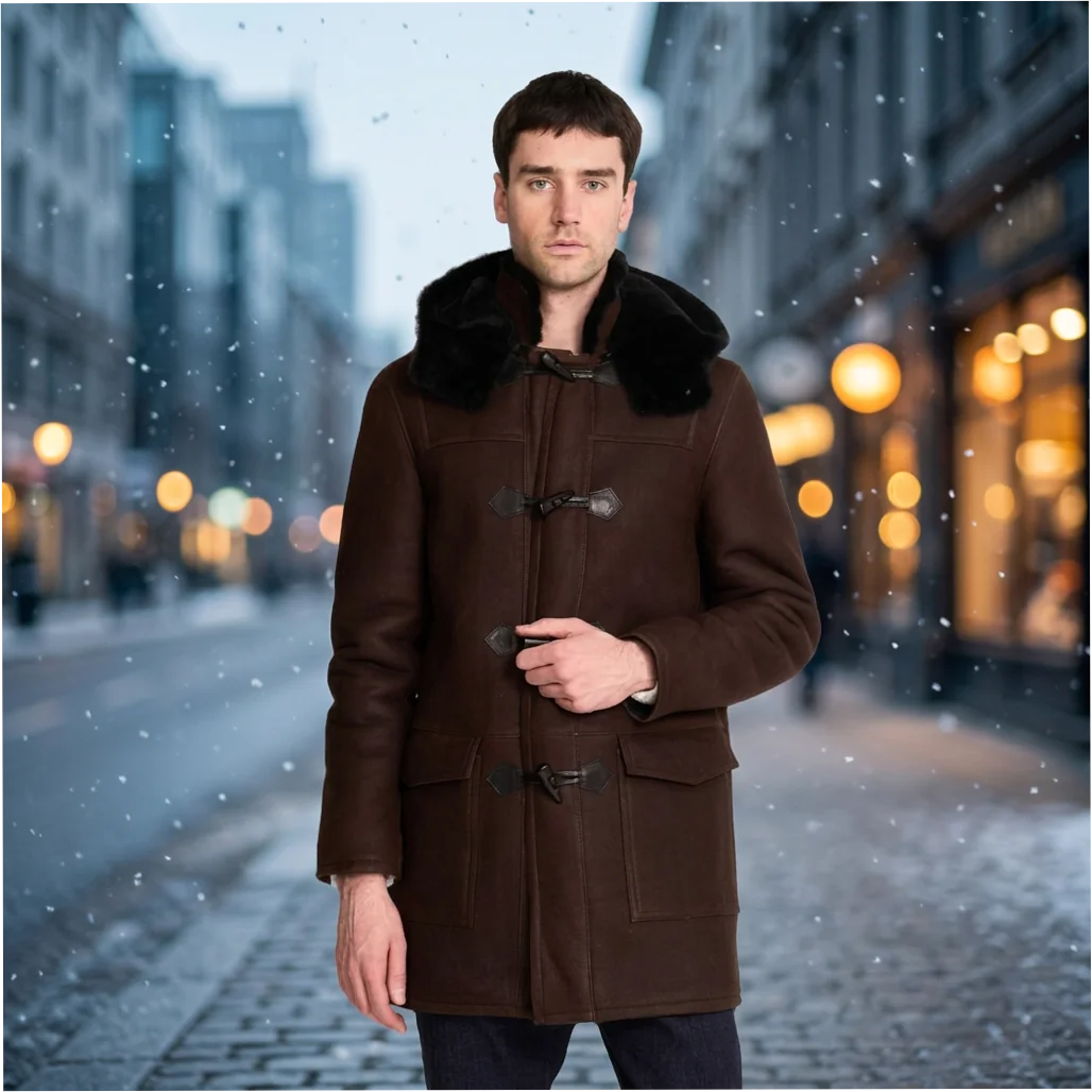 Men's Brown Wool Winter Coat with Faux Fur Collar