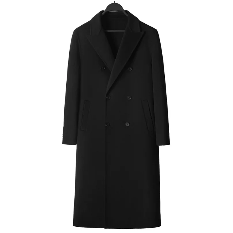 Men's Double Breasted 100% Wool X-Long Winter Overcoat with Mandarin Collar