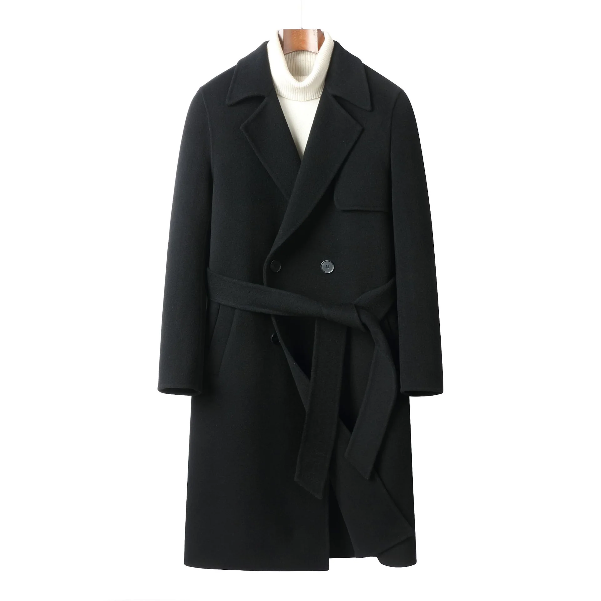 Men's Long Double-Breasted V-Neck Wool Overcoat with Belt