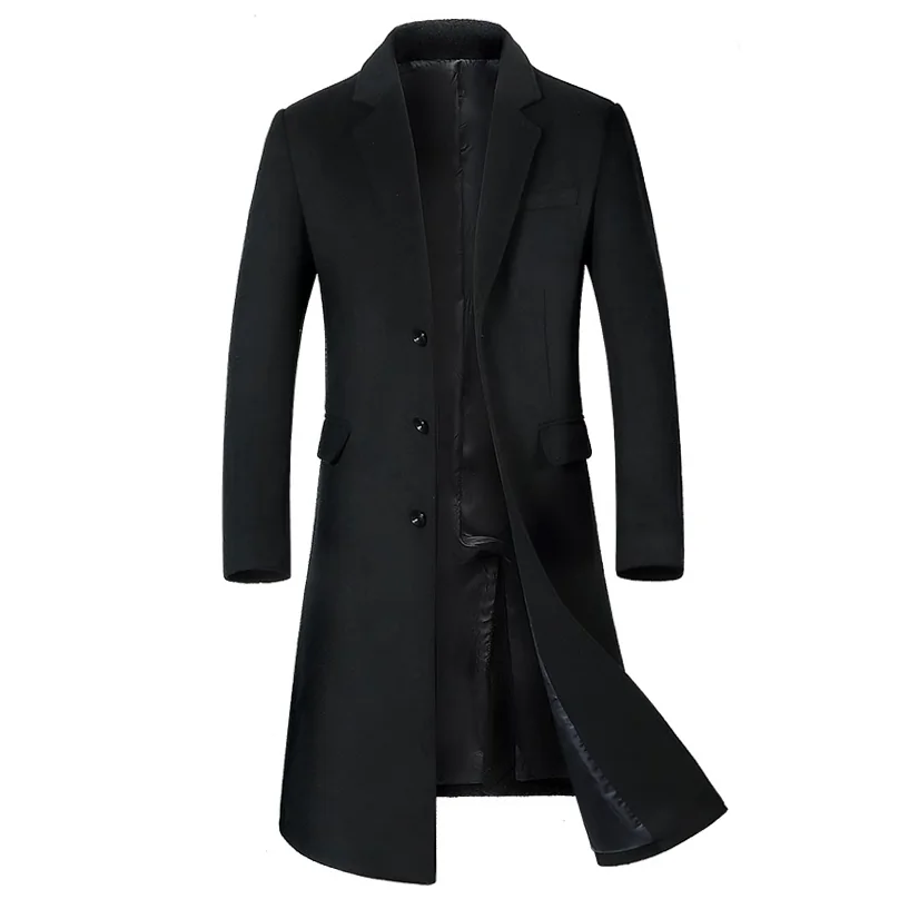 Men's Long Wool Blend Trench Coat with Shearling Fleece Winter Jacket - Image 2